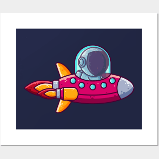 Cute Astronaut Driving Rocket Ship Cartoon Posters and Art